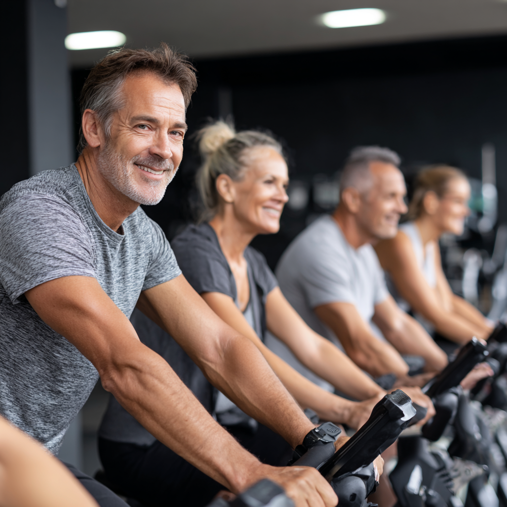group of 52 years old adults at cardio training